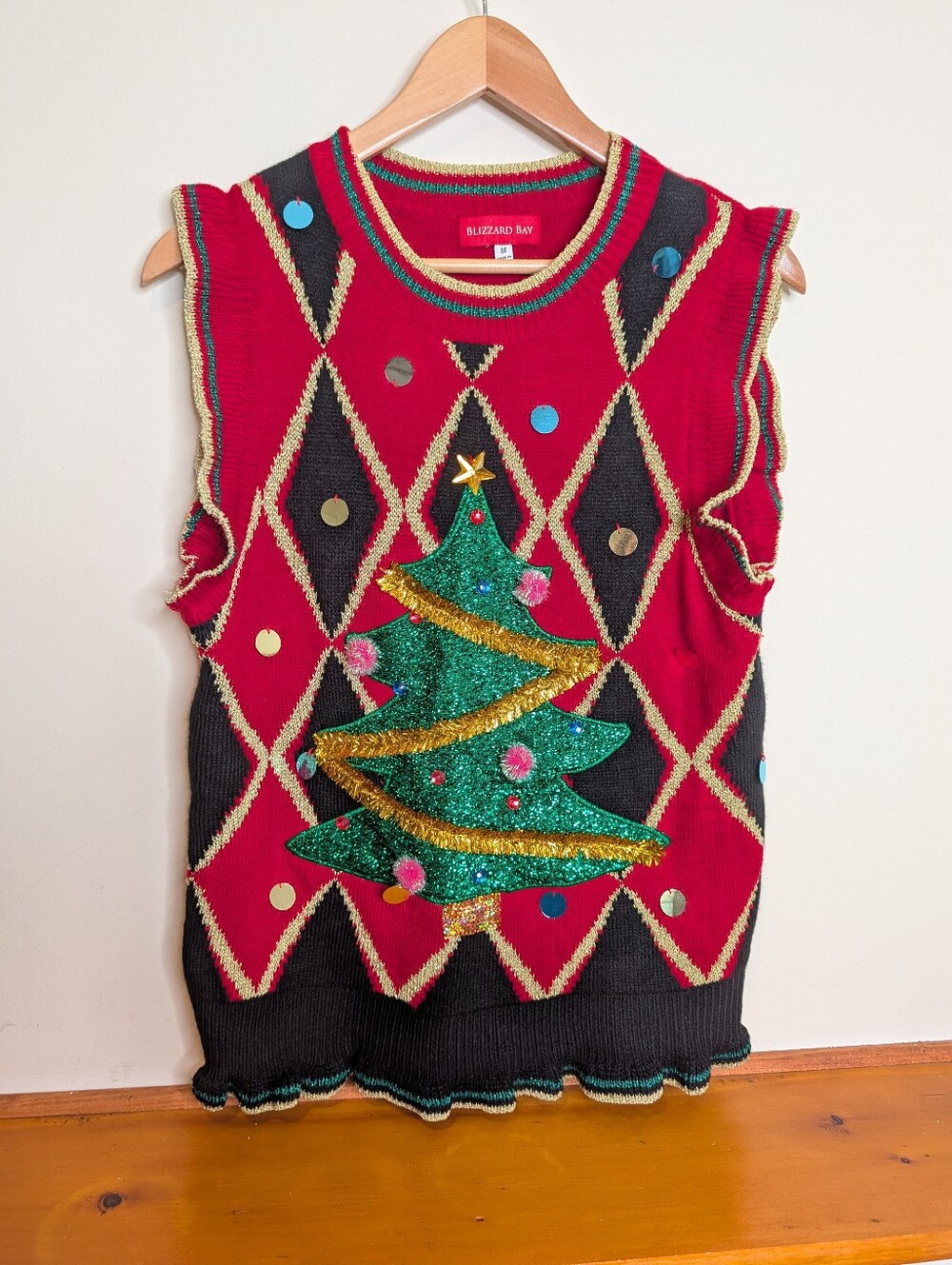 Blizzard Bay Ugly Christmas Sweater Vest M Sequin Tree Beaded Tinsel Holiday
